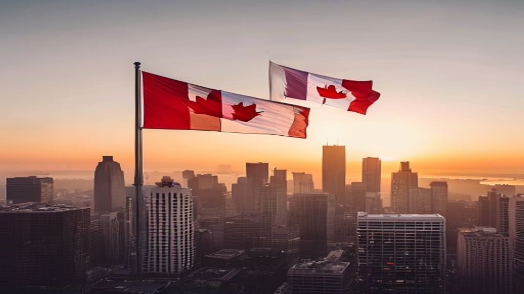 Canadian flag over a city skyline representing the future of immigration in Canada in 2026